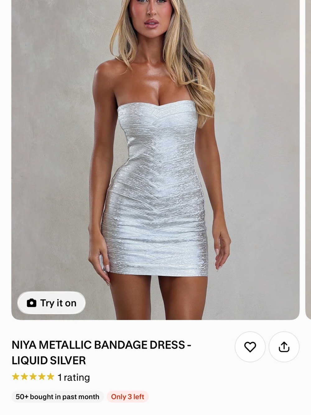 Tiger Mist Silver Metallic Strapless Bandage Dress